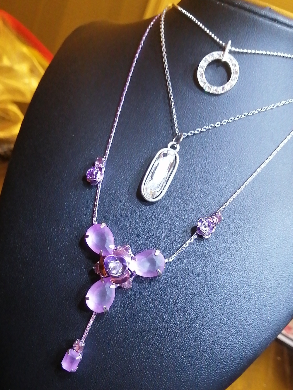 3 Elegant Vintage Necklaces: Purple Floral, Clear Crystals, Large Crystal
